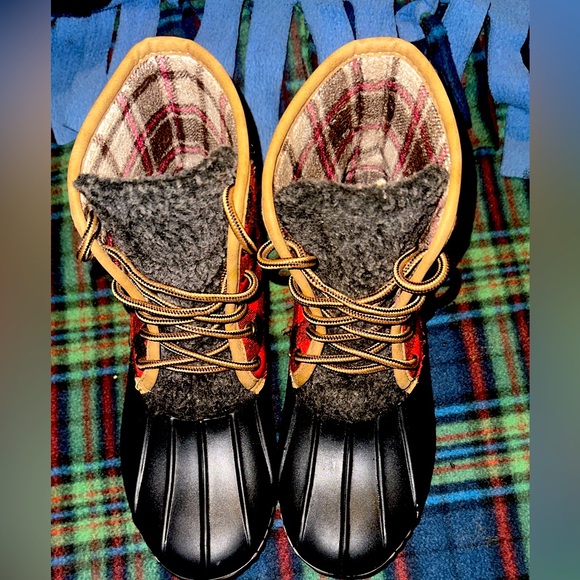 Simply southern style plaid red and black with light brown stripes winter boots - Picture 2 of 7